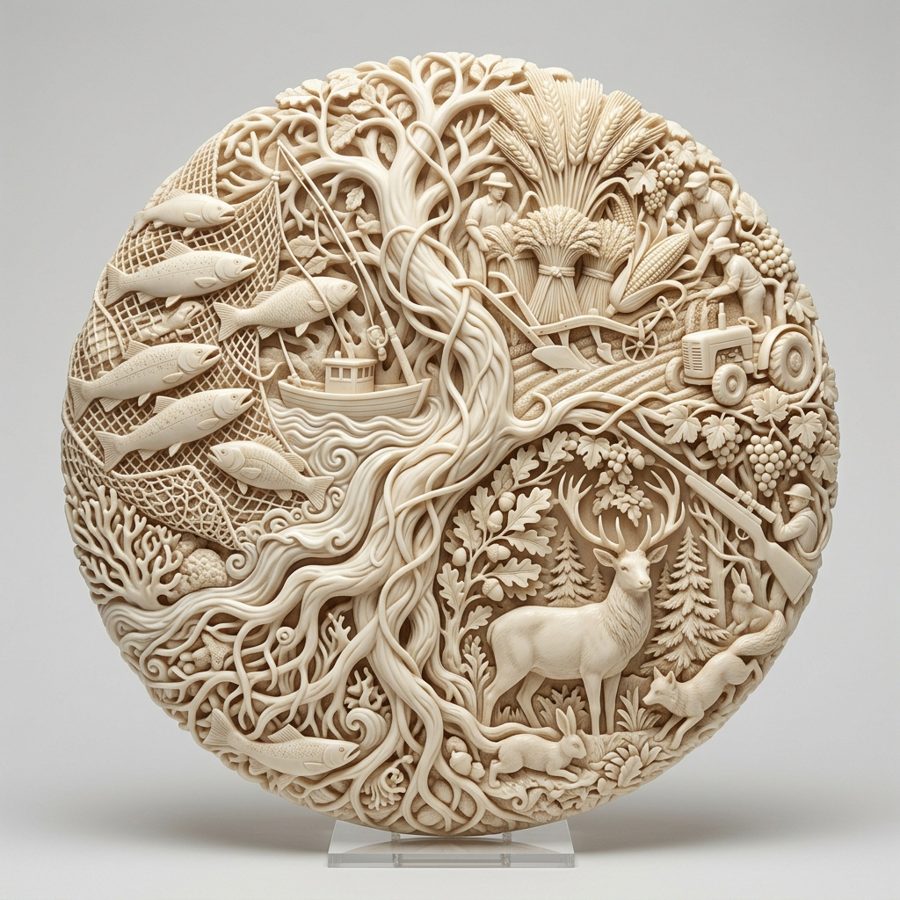 Round carved relief of a tree linking sea, farmland and forest