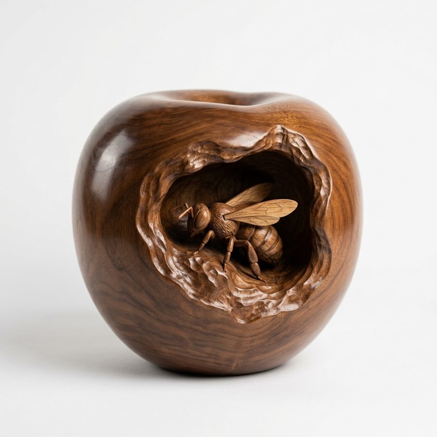 Carved wooden apple with a bee sculpted inside its hollow