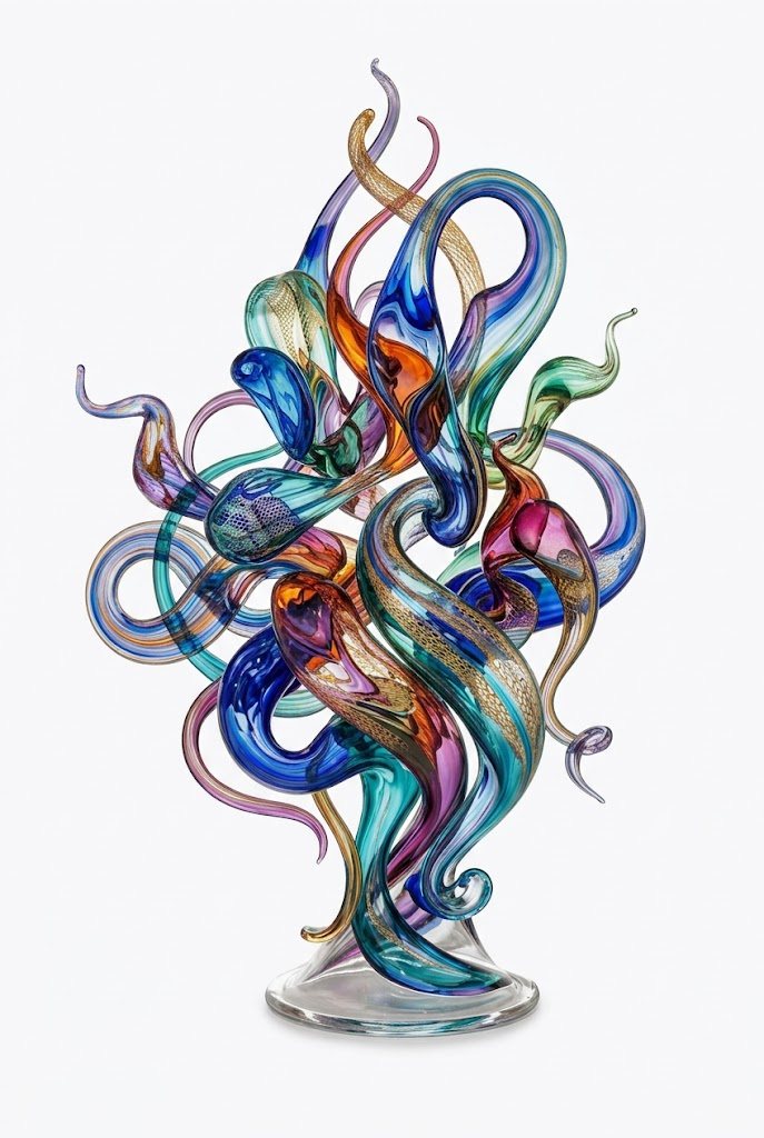 Hand-blown glass sculpture of intertwined coloured tendrils on a clear base
