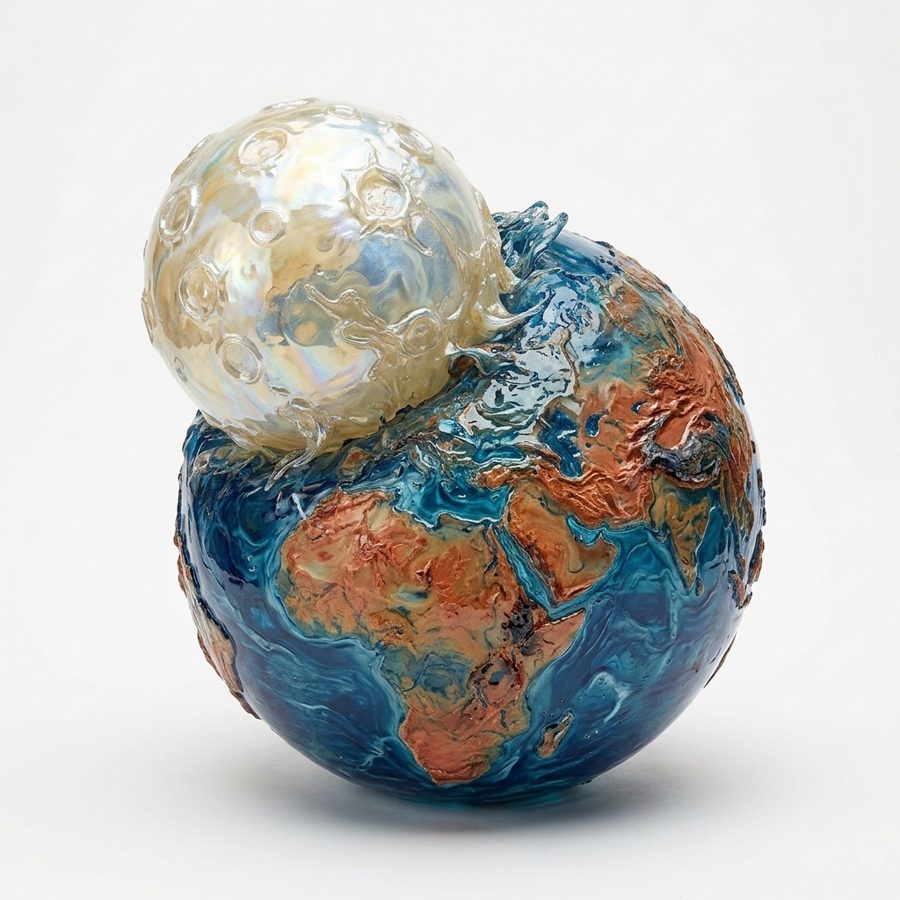 Glass sculpture of the Moon resting on the Earth