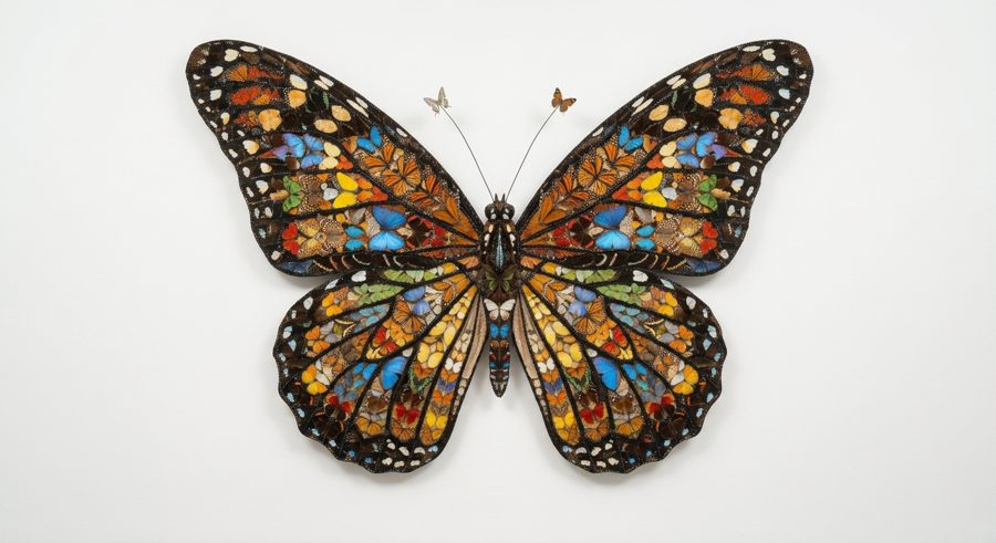 Butterfly made of a mosaic of coloured wing pieces