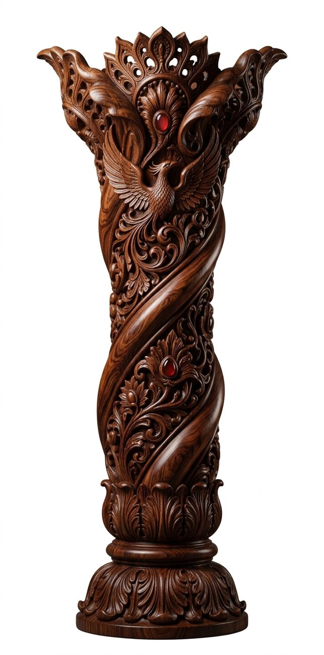 Carved wooden column with a phoenix and red stones